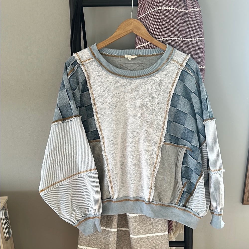 Patchwork Gray and Blue Denim Women's Sweater